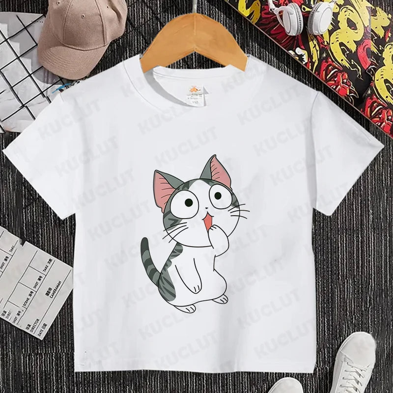 Camiseta con estampado de gato para niños y niñas, camiseta de dibujos animados, camiseta informal de manga corta, ropa cómoda y divertida para verano