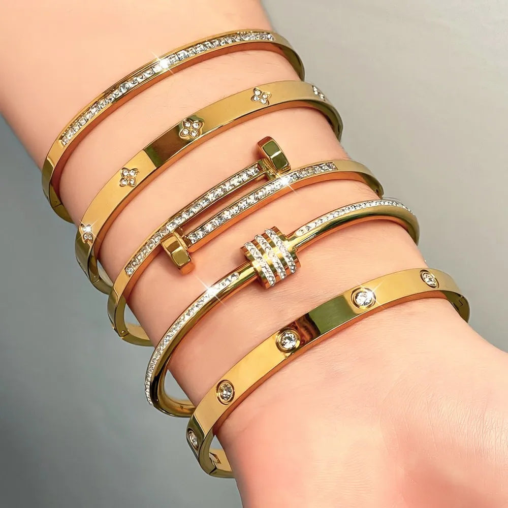 Pulsera apilable de acero de titanio para parejas, brazaletes de acero inoxidable con circonitas brillantes, color dorado, regalo de joyería para mujer