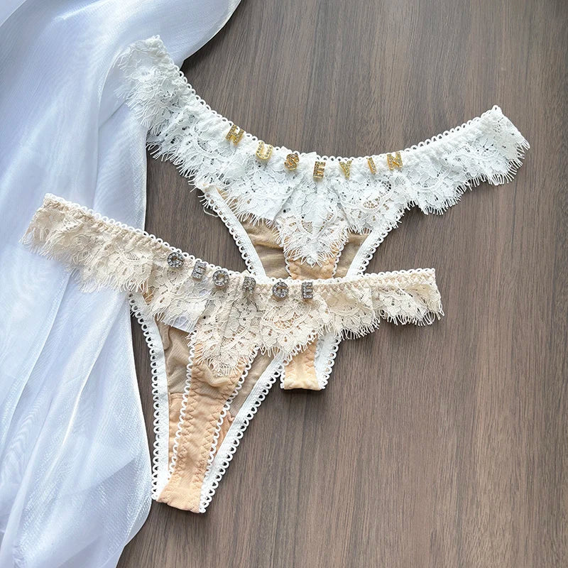 Tangas personalizadas para mujer, tanga con nombre de letra de cristal y espalda en T, Tanga Sexy de encaje personalizado con nombre, ropa interior, bragas