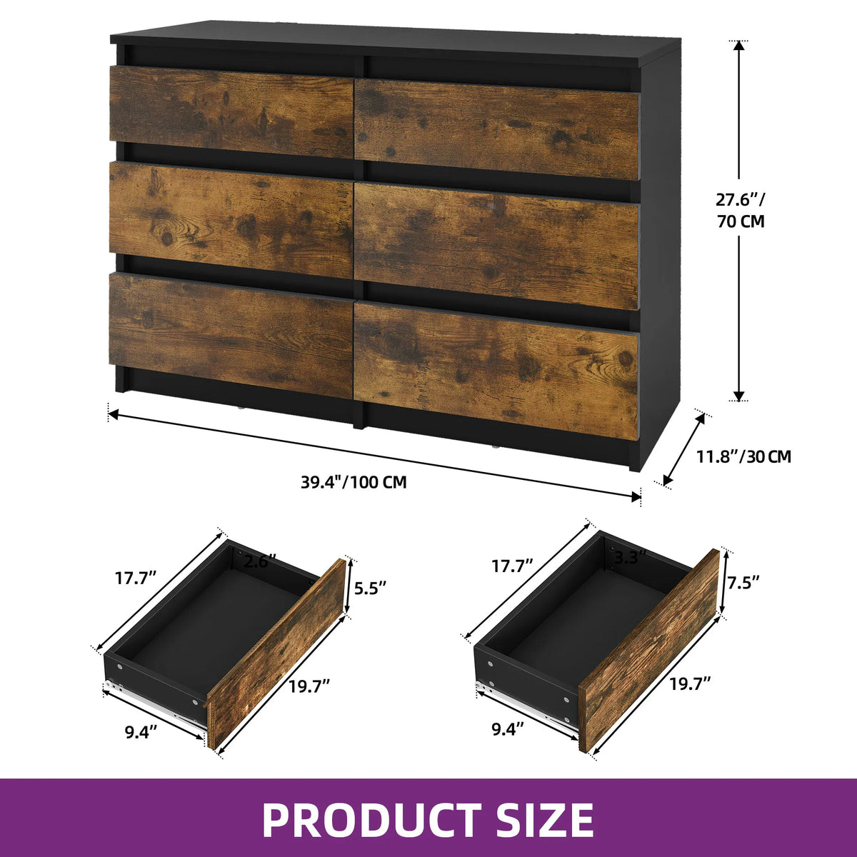 YITAHOME Cómoda de 6 cajones: moderna unidad de almacenamiento para dormitorio de 100x30x70 cm, MDF duradero y aglomerado para ropa y elementos esenciales