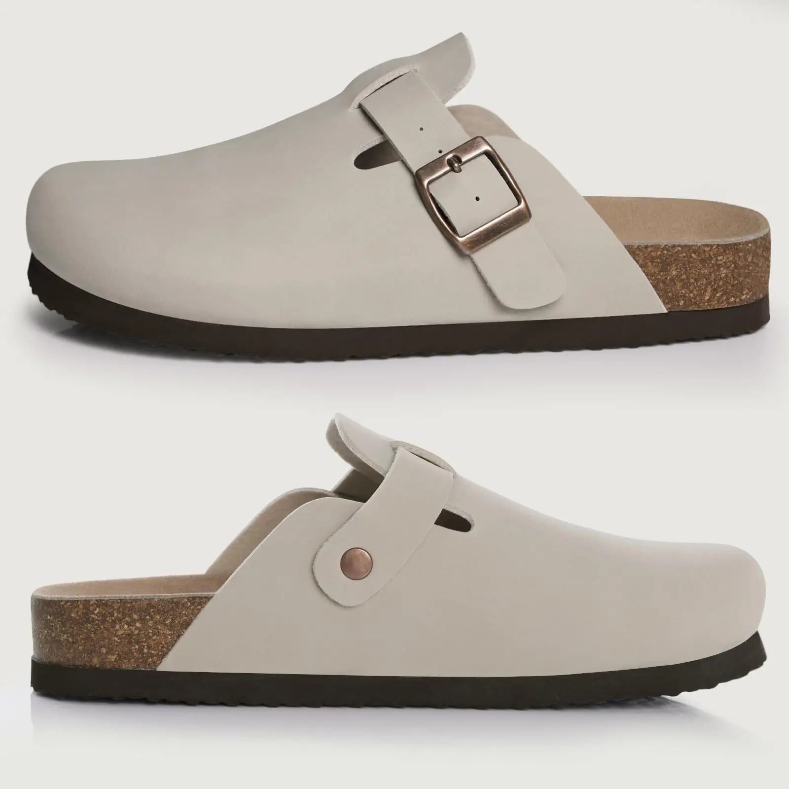 Comwarm Zapatillas tipo zuecos de ante para mujer, mulas de cuero, zapatillas planas clásicas de corcho para hombre, sandalias con reposapiés de corcho para exteriores con soporte para arco