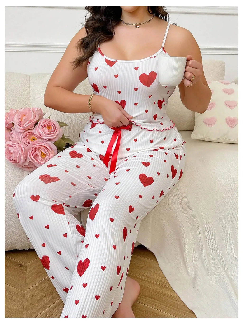 Conjunto de pijamas de talla grande para mujer, chaleco y pantalones sin mangas de 2 piezas, ropa de dormir blanca suave y transpirable, ropa de dormir informal con estampado de corazón rojo