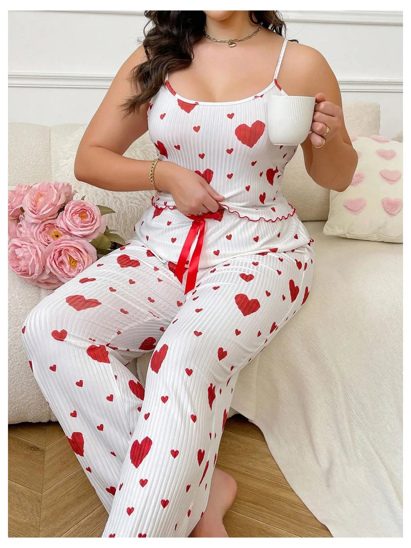 Conjunto de pijamas de talla grande para mujer, chaleco y pantalones sin mangas de 2 piezas, ropa de dormir blanca suave y transpirable, ropa de dormir informal con estampado de corazón rojo