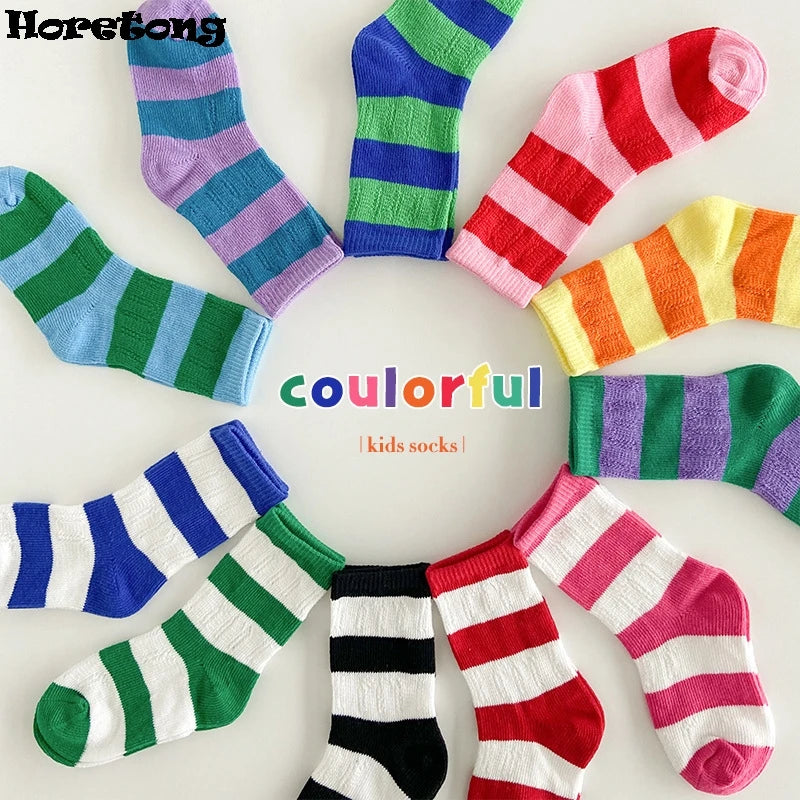Horetong, 3 par/lote, calcetines de verano para niños de 1 a 12 años, calcetines de algodón a la moda para bebés, calcetines transpirables a rayas con contraste de colores