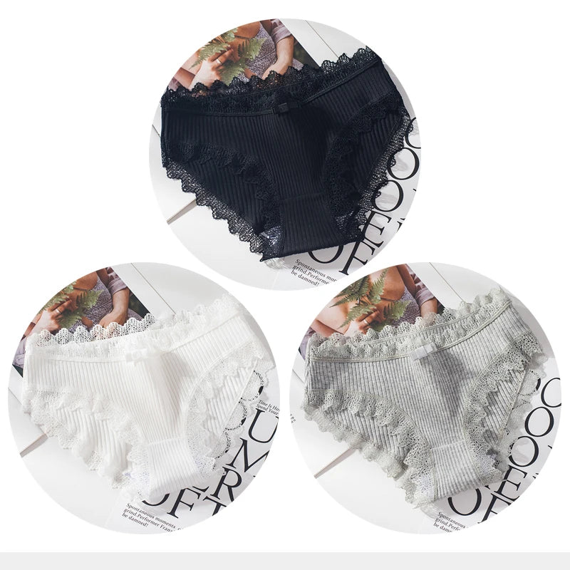 Bragas de algodón para mujer, bragas de encaje sexis, bragas de Color sólido para niñas, juego de ropa interior, ropa interior, Dropshipping 3 unids/lote