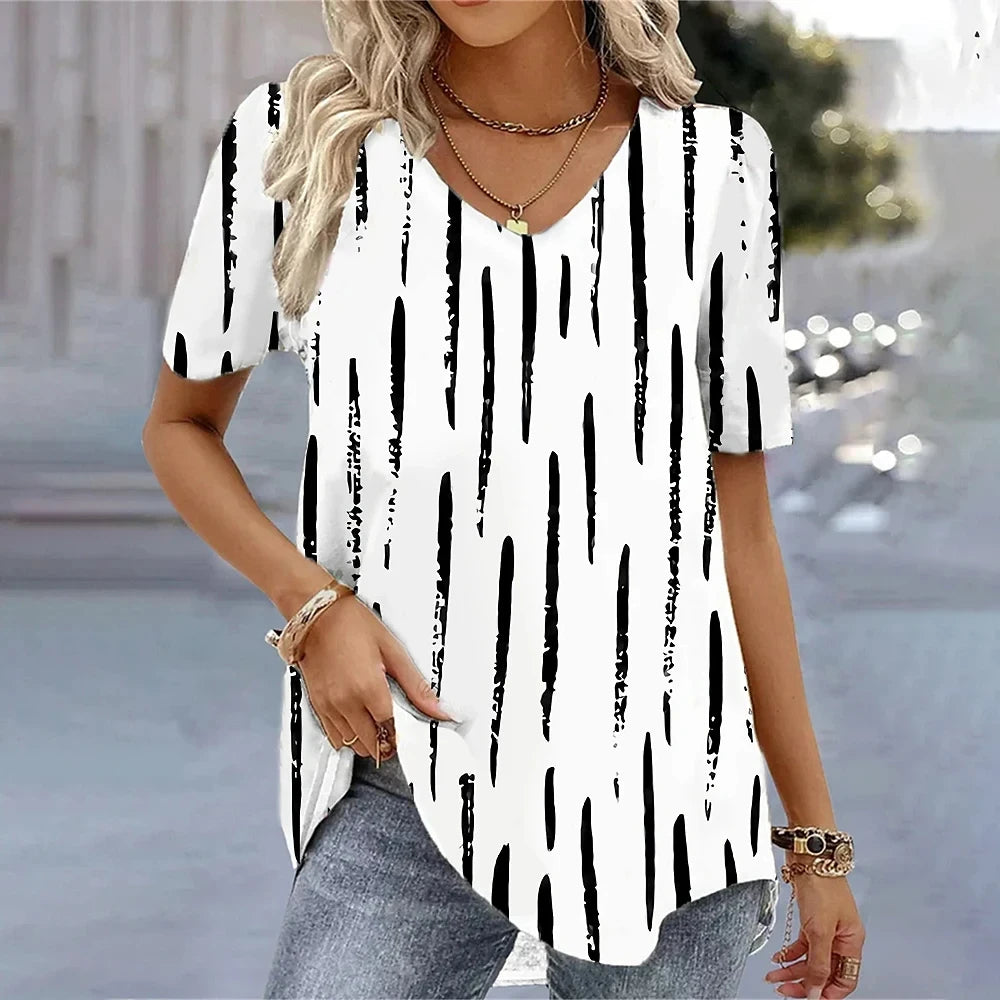 Camiseta con cuello en V para mujer, camiseta de manga corta con estampado 3D, camiseta informal holgada en blanco y negro, ropa de calle a la moda, jersey para mujer