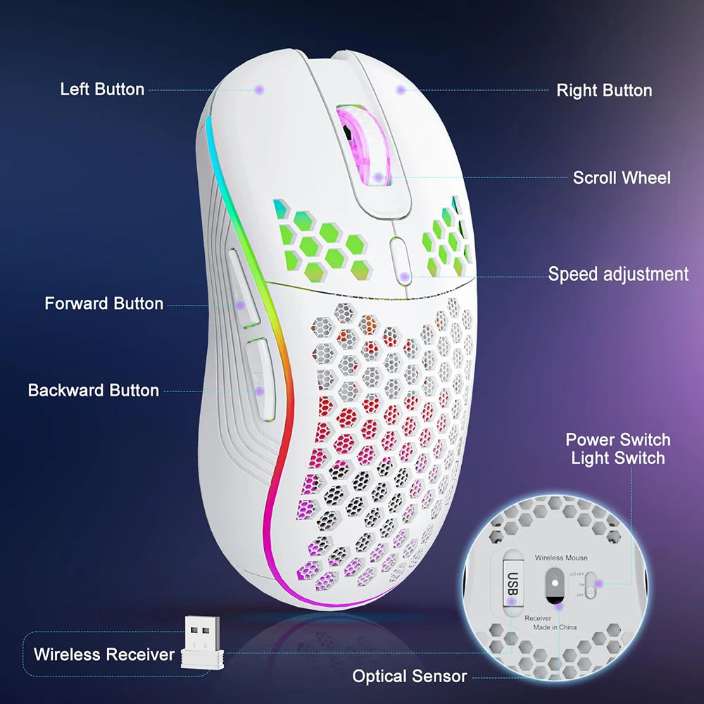 Ratón inalámbrico RGB 2,4G para juegos, ratón de carga con iluminación RGB y diseño ergonómico de panal de DPI ajustable para ordenador portátil de escritorio