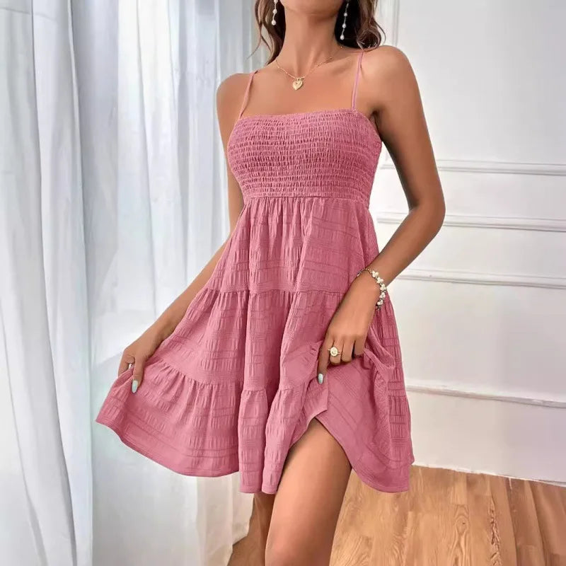 Minivestido con corpiño ahumado y tirantes finos para mujer, vestido azul con volantes escalonados, ropa informal de verano para vacaciones y playa