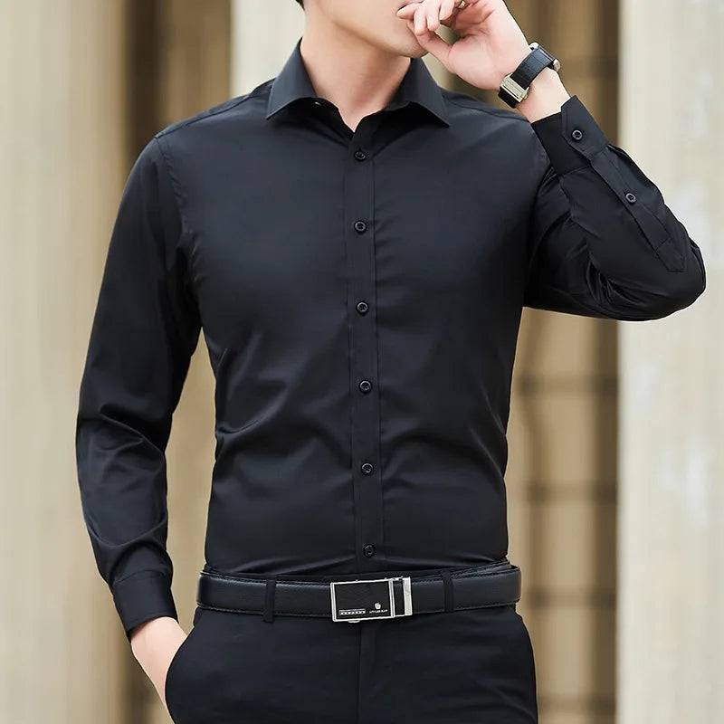 Nueva camisa de negocios de Color sólido de talla grande para hombre, camisa de manga larga blanca ajustada informal básica clásica a la moda, ropa de marca