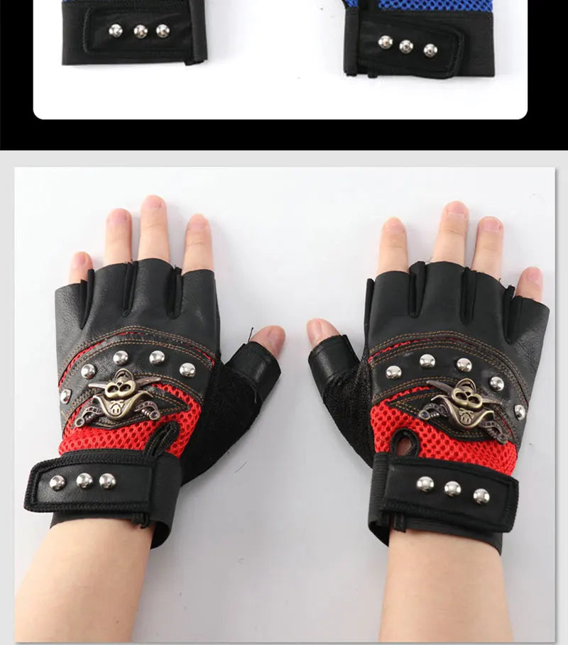 Guantes sin dedos de cuero PU de capitán pirata para hombre y mujer, manoplas con remaches de calaveras, guantes de gimnasio de Hip Hop, guantes de medio dedo para Moto femenina