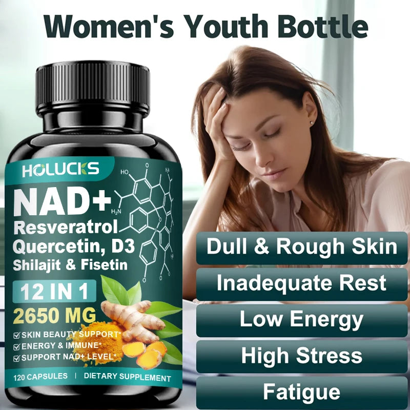 Cápsulas de NAD+ con Resveratrol, Suplemento 12 en 1, Mejora la Vitalidad Celular, Apoya la Energía y la Concentración, la Salud Inmunológica y de la Piel