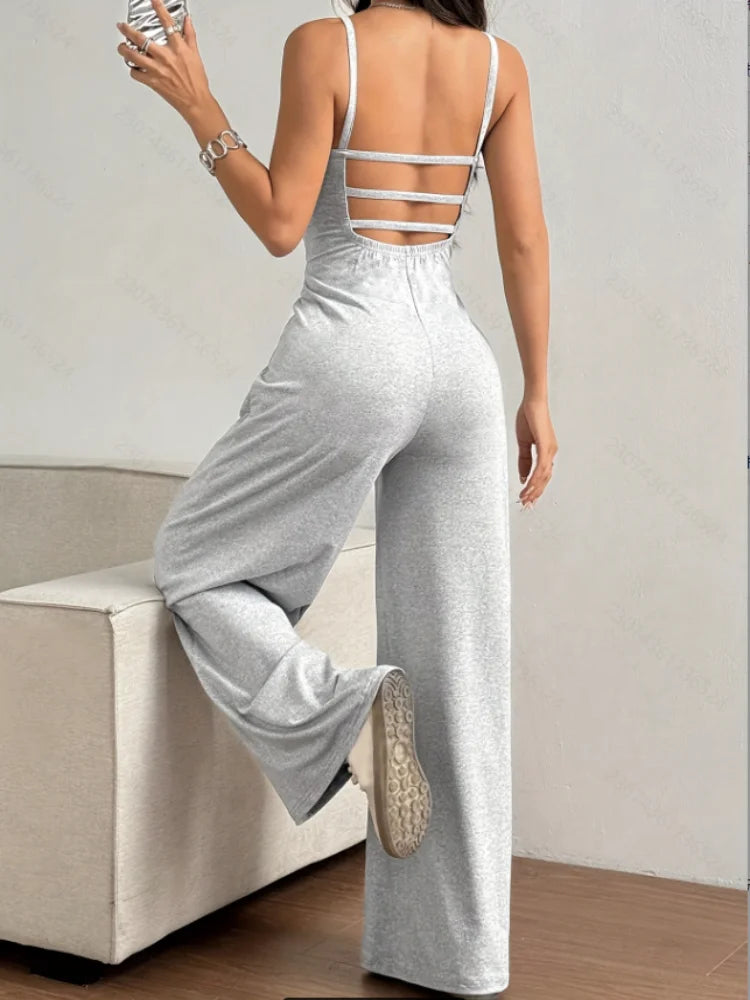 Mono informal con cuello Halter para mujer, mono sin mangas con Espalda descubierta, liso, para uso diario, pantalones hasta el suelo, primavera y verano