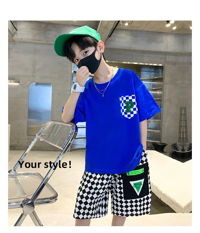 Conjunto de ropa de moda para niños, ropa de verano de manga corta para adolescentes, traje, camiseta con letras, pantalones cortos a cuadros, 2 uds., trajes de ropa de descanso para niños