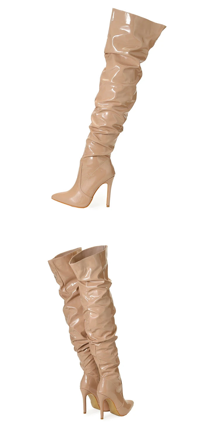 Eilyken-Botas por encima de la rodilla plisadas de charol para mujer, zapatos hasta el muslo con cremallera y punta estrecha, a la moda, alta calidad