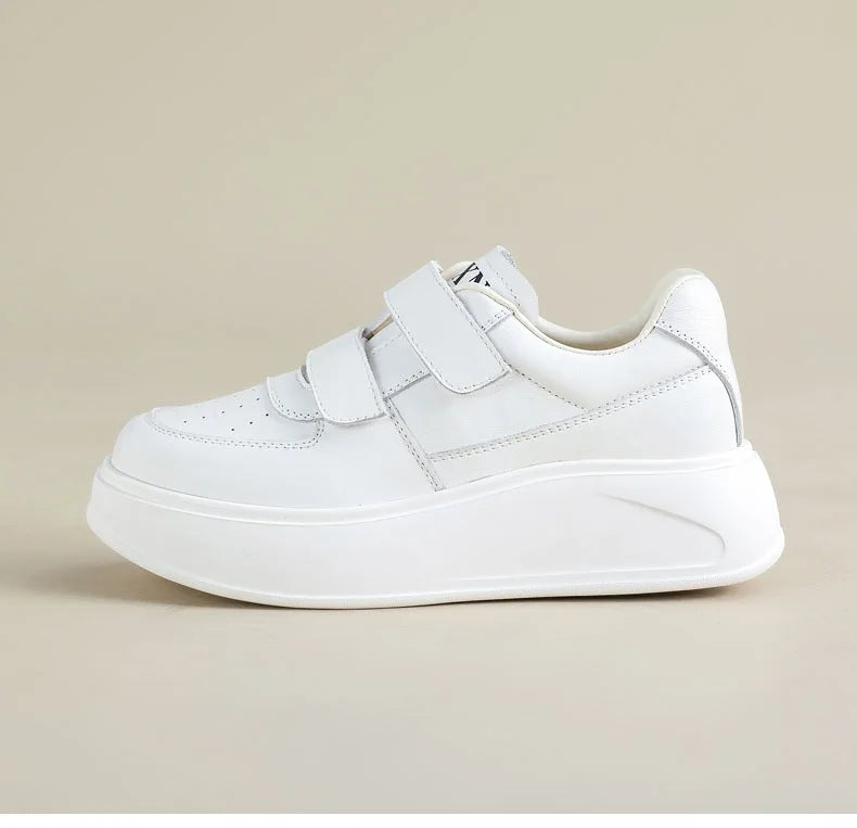DRKANOL, zapatos de plataforma con suela gruesa y aumento de altura, zapatillas informales de cuero genuino para mujer, zapatos de tabla con gancho y bucle para mujer, color blanco