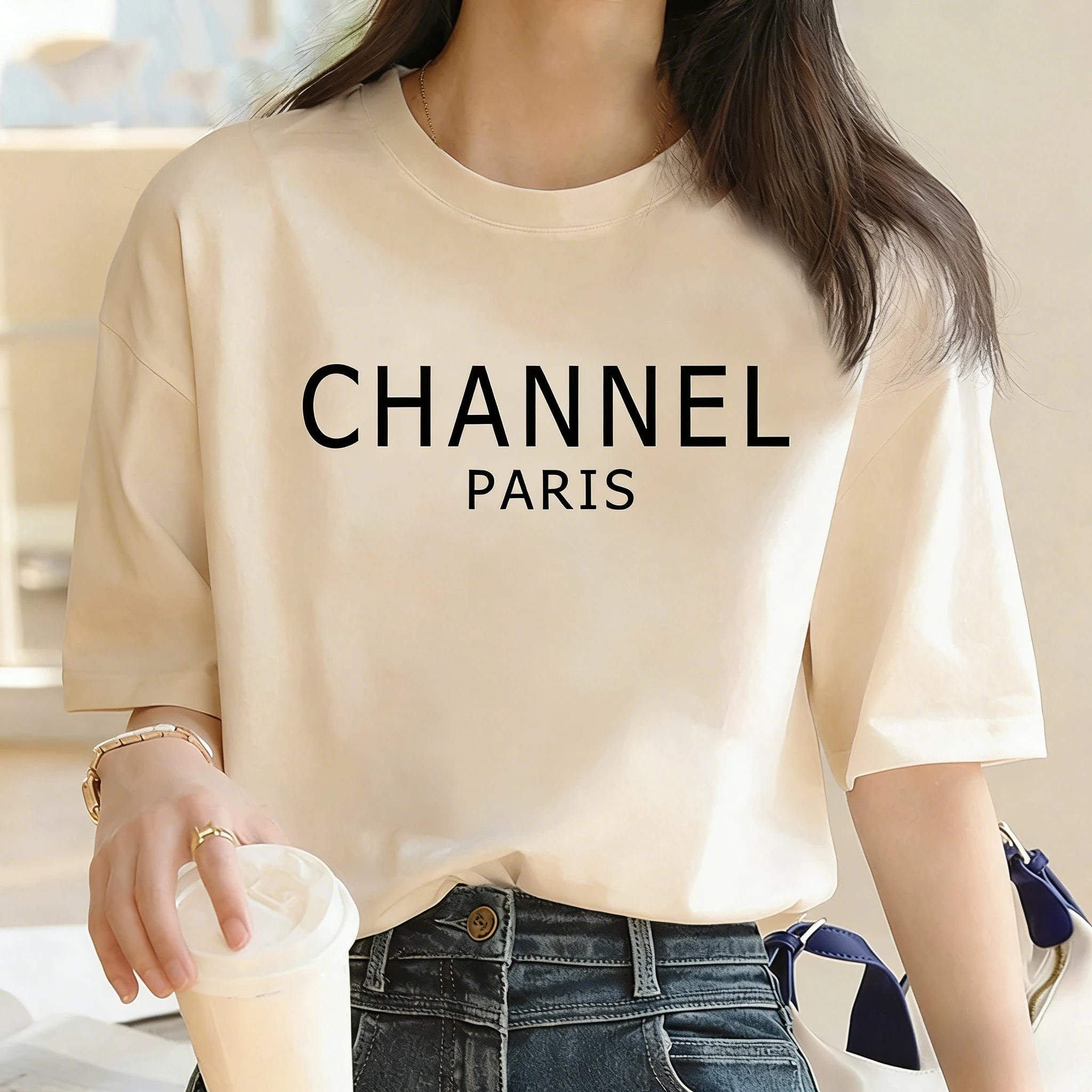 Camiseta de Marca de Lujo, Lavable a Máquina, Informal, Elegante, con Estampado Gráfico de CHANNEL, Cuello Redondo, Manga Corta, Ropa de Mujer