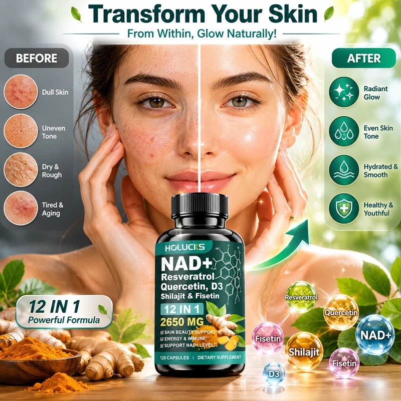 Cápsulas de NAD+ con Resveratrol, Suplemento 12 en 1, Mejora la Vitalidad Celular, Apoya la Energía y la Concentración, la Salud Inmunológica y de la Piel