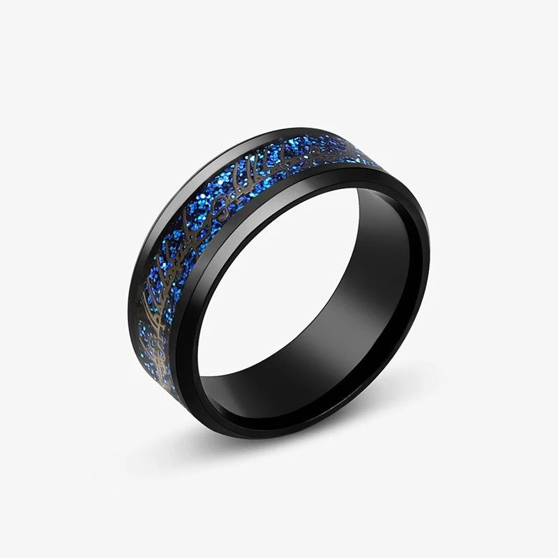 Anillos con diseño de dragón dominante de acero inoxidable de 8mm para hombres y mujeres, anillo Punk con incrustaciones de fibra de carbono azul, bagues pour femme