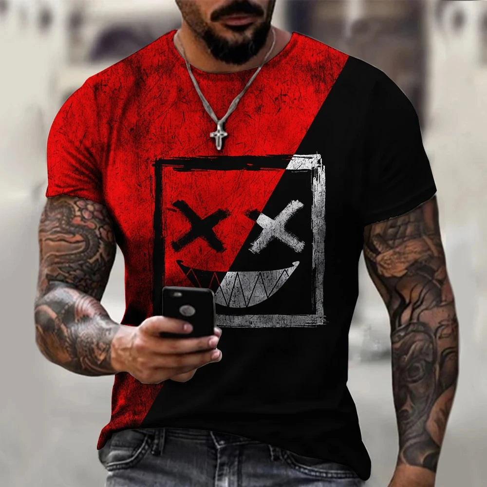Camiseta de gran tamaño para hombre, pantalón corto informal de manga Hip Hop con estampado de cara sonriente, camiseta de talla grande, Jersey, camiseta para hombre 2024