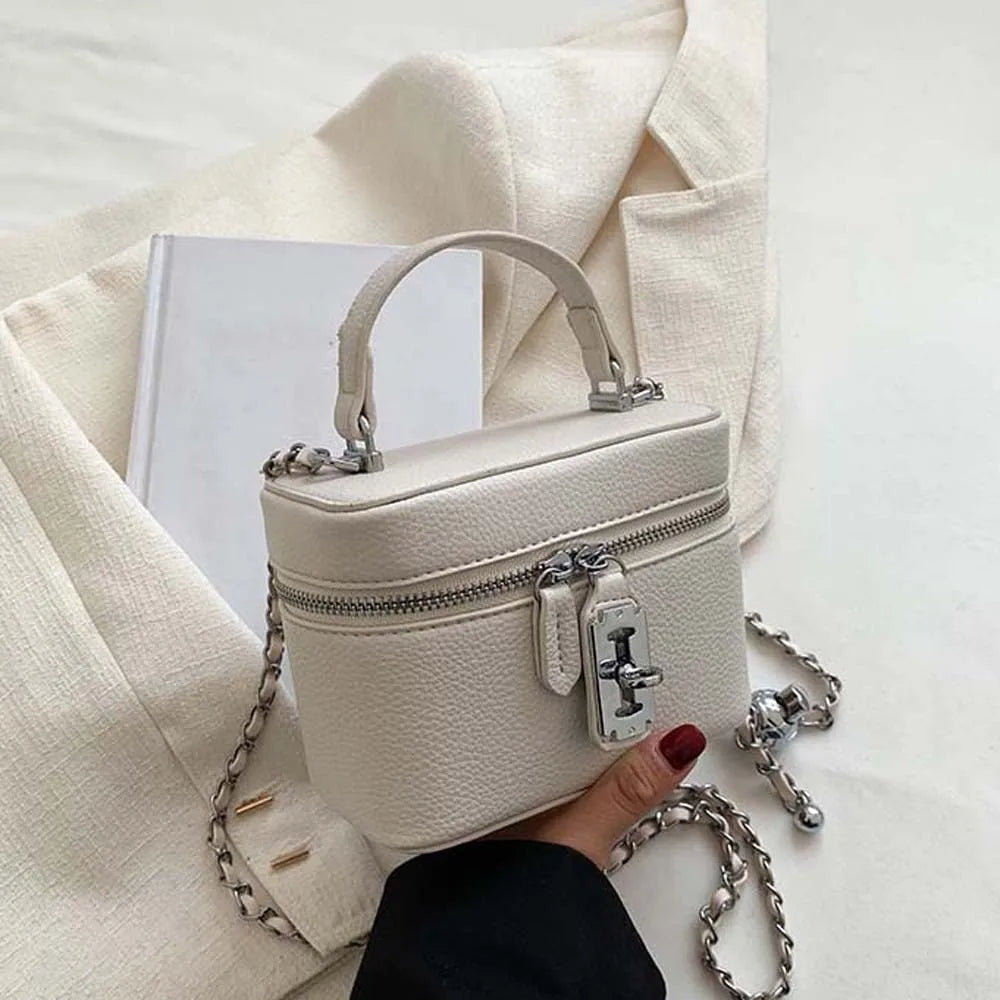 Bolso de mano cuadrado compacto con textura granulada, cierre de cremallera, estilo macaron, de cuero vegano, construcción sólida.