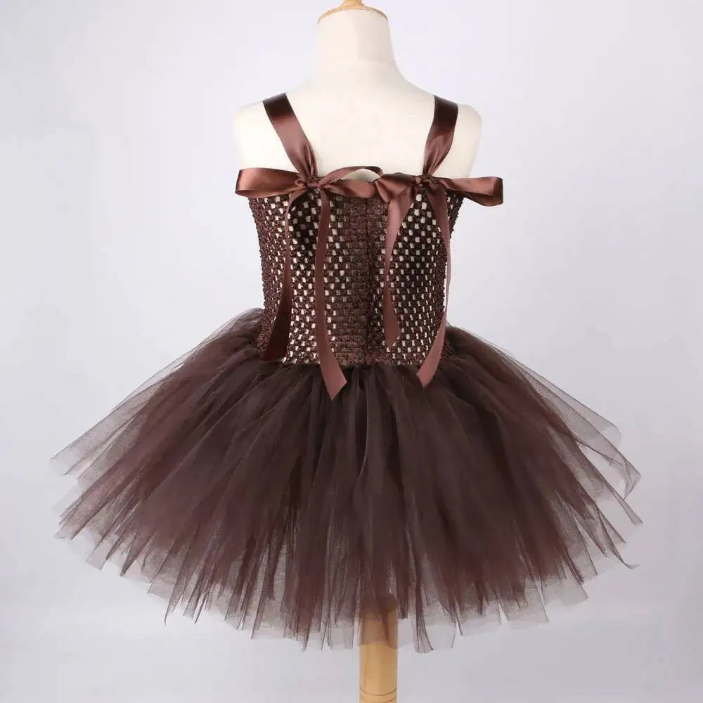 Vestido tutú de oso marrón para niñas, disfraz de Animal de Halloween, traje de Navidad y cumpleaños para niños, ropa para niños con orejas y cola de lazo