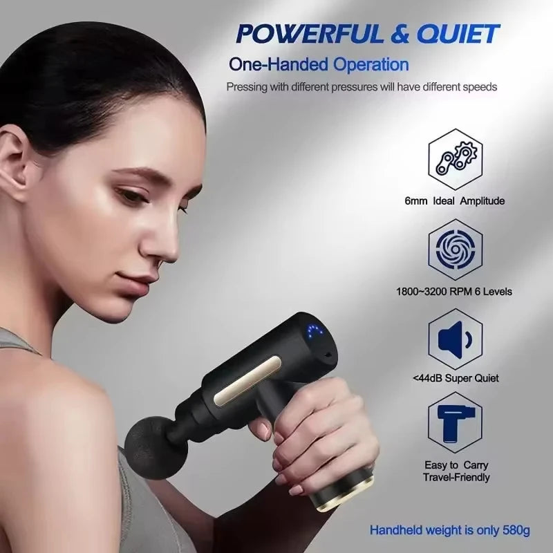 Pistola de masaje eléctrica, herramienta de masaje de percusión de tejido profundo de 4 piezas, relaja los músculos en partes del cuerpo y alivia el dolor.
