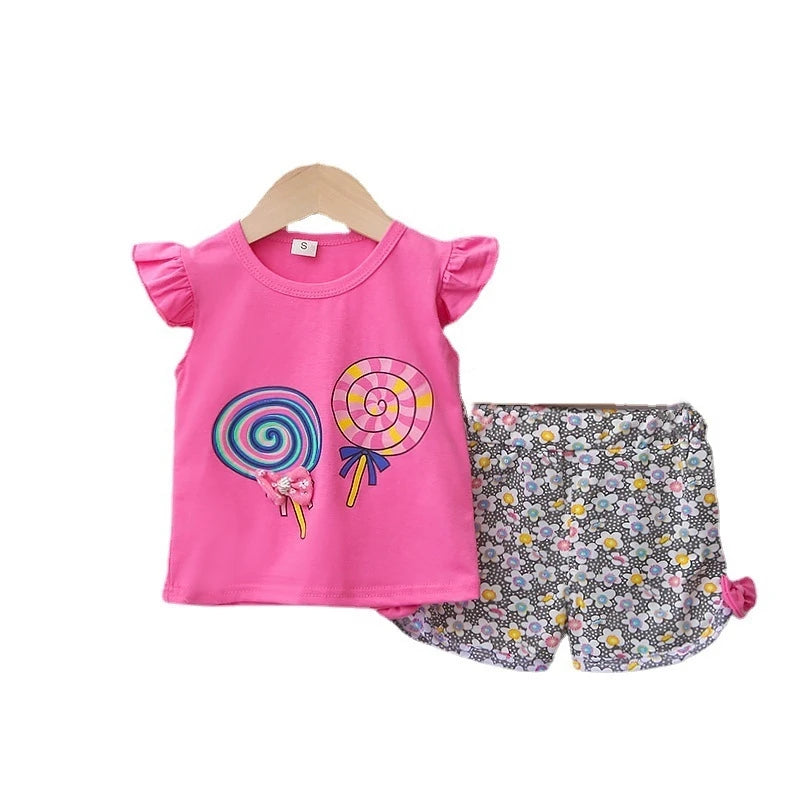 Nueva moda de verano, ropa para niñas, chaleco bonito de dibujos animados, pantalones cortos, 2 unids/set, traje deportivo para niños, trajes, chándales para niños
