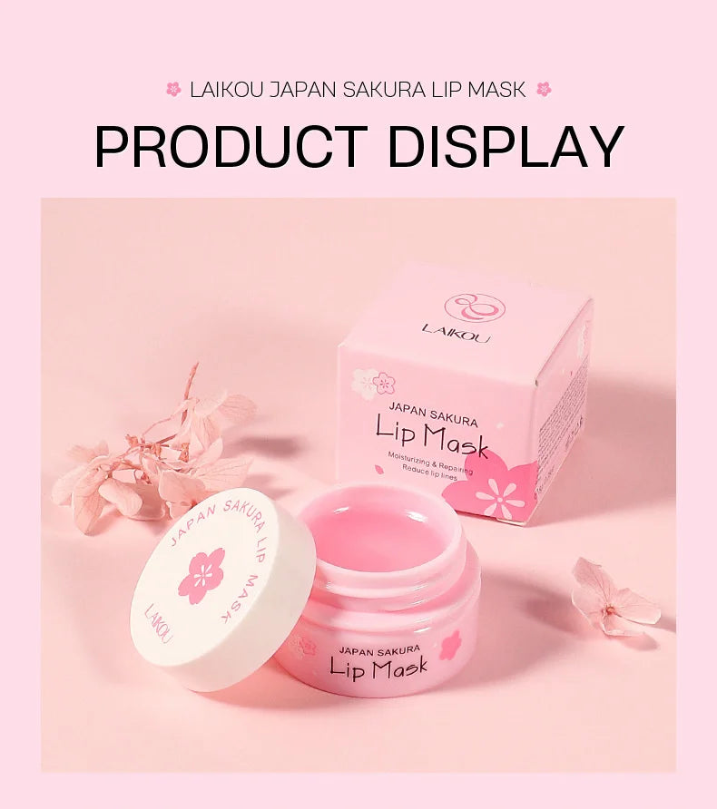 LAIKOU-mascarilla de suero labial de flor de cerezo, reparación de exfoliación de grietas secas, Reduce las líneas finas de los labios, esencia hidratante, cuidado de belleza Sakura, 8g