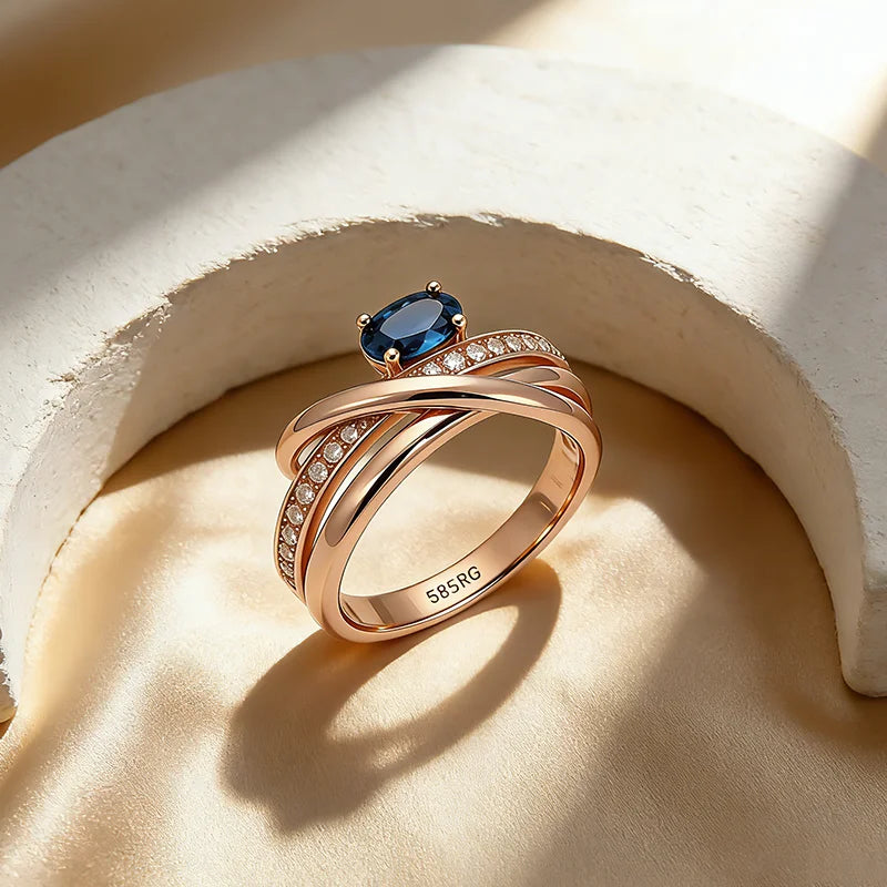 Kinel inusual 585 anillos cruzados de Color oro rosa para mujer, accesorios de circón Natural azul brillante de lujo, joyería diaria para fiesta