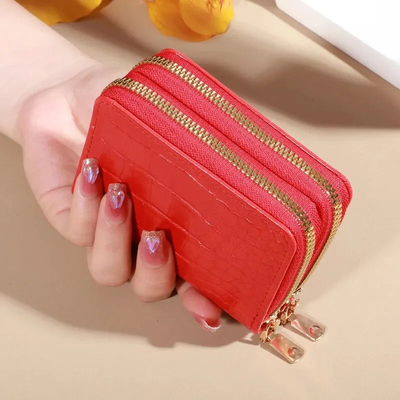 Cartera elegante para mujer con múltiples tarjetas: bolso de mano seguro con doble cremallera |   Monedero casual de cuero PU con bolso de tarjeta de cocodrilo de almacenamiento de estilo
