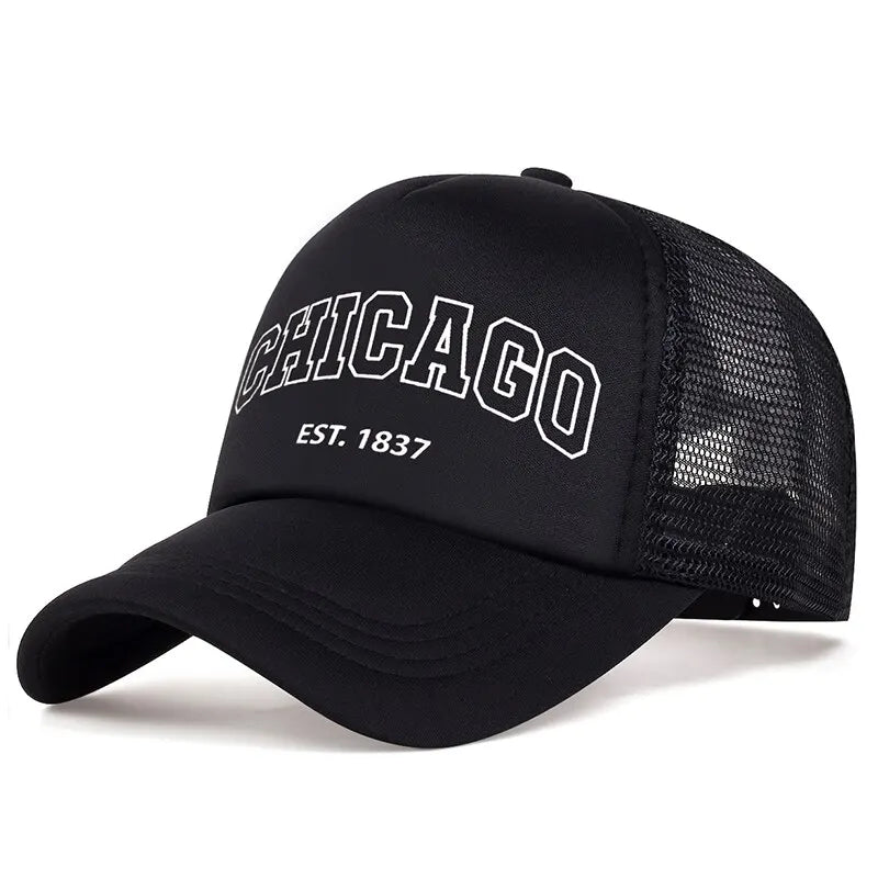 Gorra de béisbol de malla de verano para hombre, gorra Snapback con letras Chicago para deportes al aire libre para mujer, gorras transpirables Unisex, gorras de camionero de Hip Hop