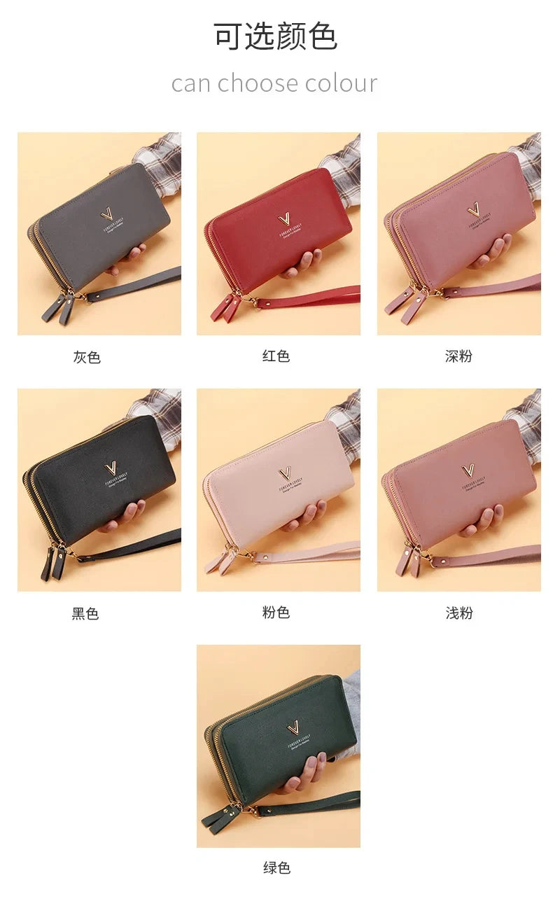 Cartera larga para mujer, monederos con borlas, tarjetero, billeteras con doble cremallera, bolso de mano de cuero Pu, bolso de lujo para dinero y teléfono