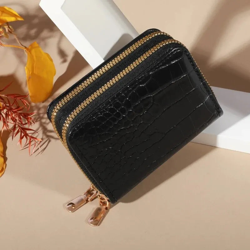 Cartera elegante para mujer con múltiples tarjetas: bolso de mano seguro con doble cremallera |   Monedero casual de cuero PU con bolso de tarjeta de cocodrilo de almacenamiento de estilo