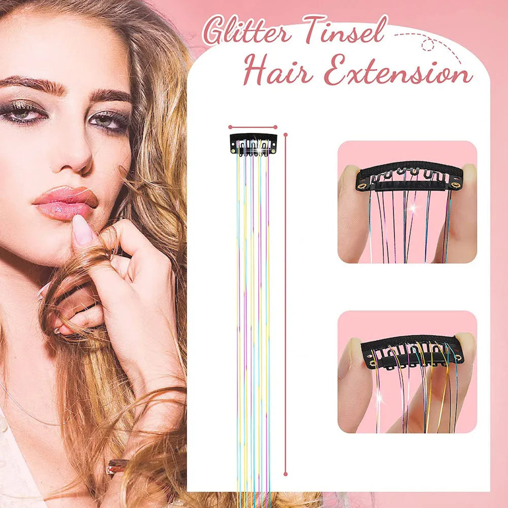 6 uds 50cm chispeantes pelo brillante oropel extensiones de cabello oropel extensiones de Clip de pelo sintético mujeres para tocado trenzado