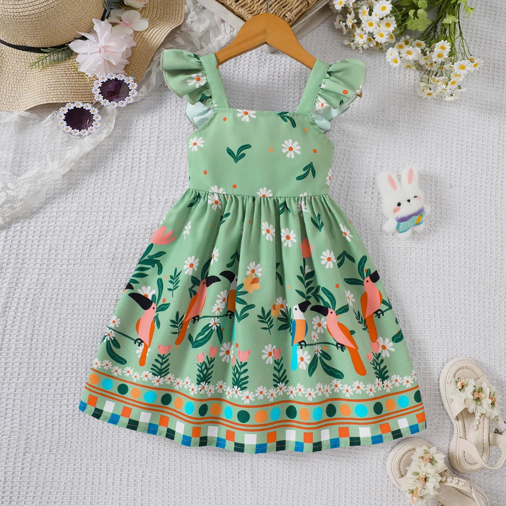 Vestido de verano para niña con estampado de plantas y mangas con mosca pequeña