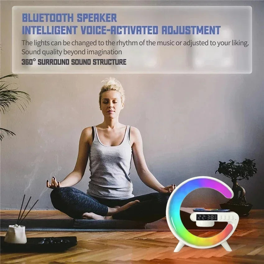 Soporte de cargador inalámbrico multifunción, altavoz despertador con luz RGB para iPhone, Samsung, Xiaomi, Mini estación de carga rápida
