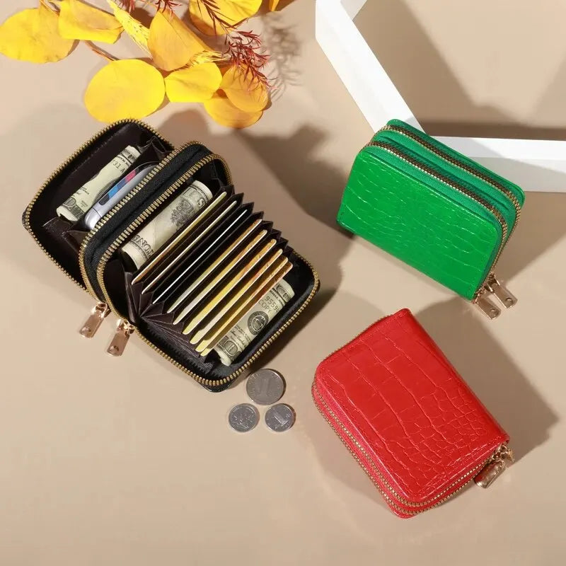 Cartera elegante para mujer con múltiples tarjetas: bolso de mano seguro con doble cremallera |   Monedero casual de cuero PU con bolso de tarjeta de cocodrilo de almacenamiento de estilo