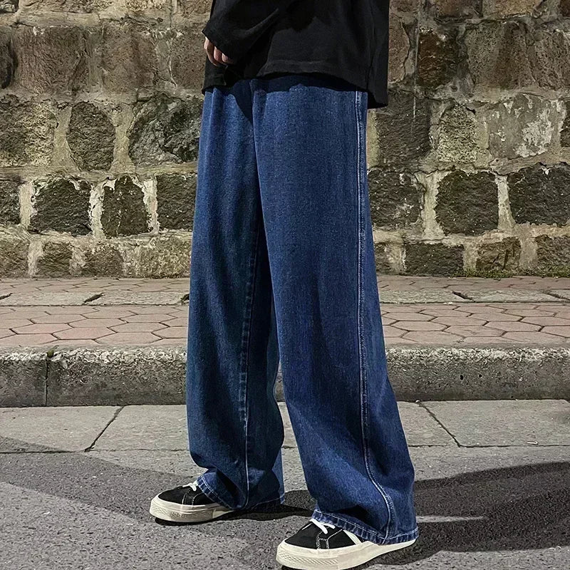 Ropa de calle de estilo coreano, nueva moda, pantalones vaqueros informales holgados para hombre, pantalones vaqueros Harajuku de calle alta, pantalones de marca para hombre, negro, gris y azul
