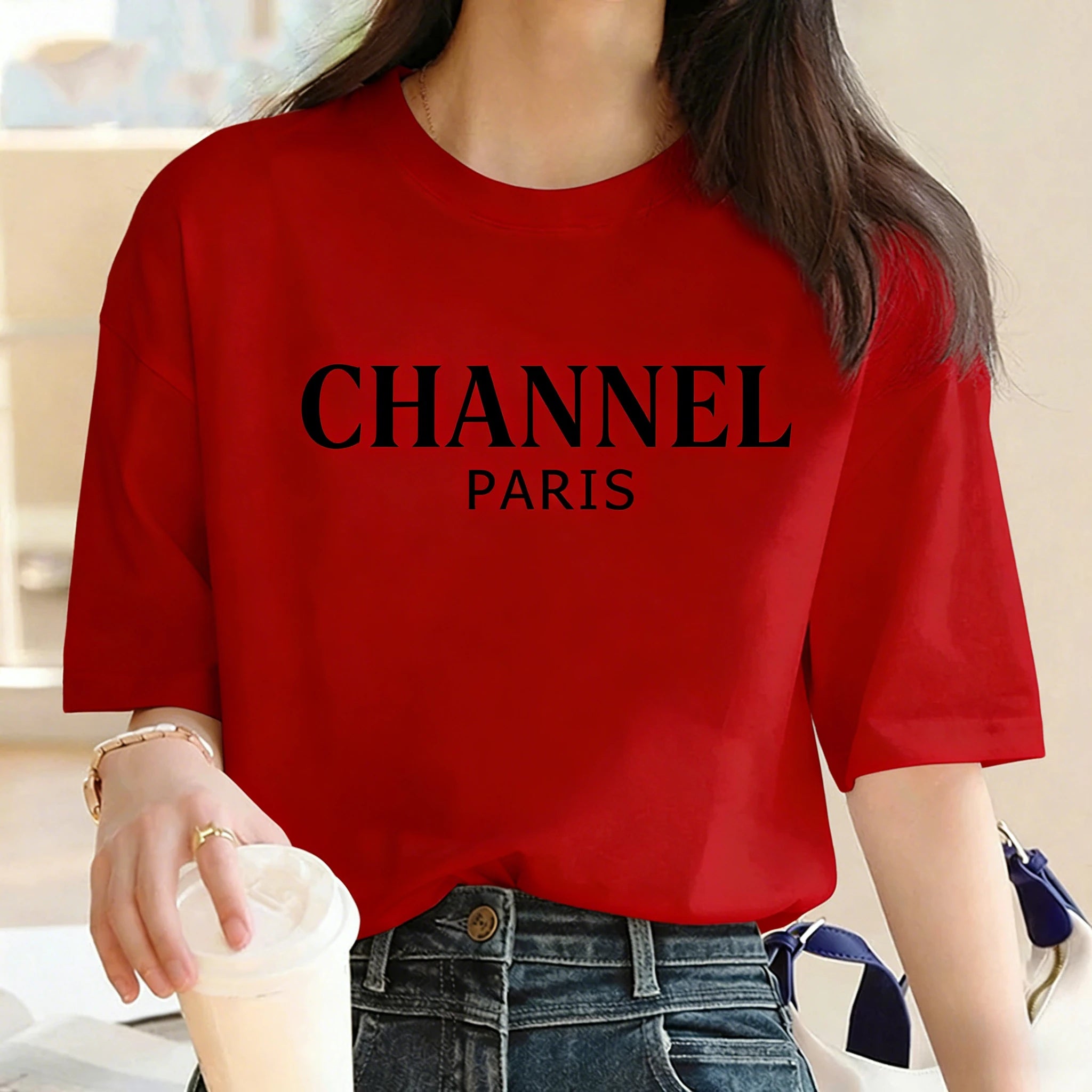 Camiseta de Marca de Lujo, Lavable a Máquina, Informal, Elegante, con Estampado Gráfico de CHANNEL, Cuello Redondo, Manga Corta, Ropa de Mujer