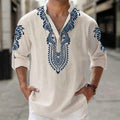 Camisa Henley de Lino para Hombre, Estilo Bohemio, Estampado Étnico Tribal, Manga 3/4, Cuello en V, Corte Holgado Informal, Blusa de Playa