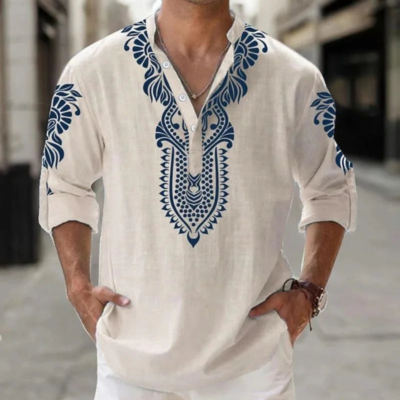 Camisa Henley de Lino para Hombre, Estilo Bohemio, Estampado Étnico Tribal, Manga 3/4, Cuello en V, Corte Holgado Informal, Blusa de Playa