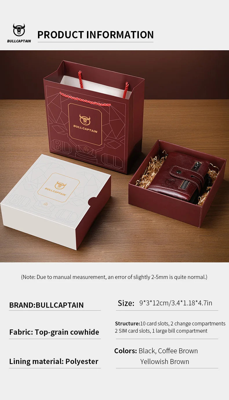 Cartera Bullcaptain de cuero genuino para hombre, monedero de viaje de calidad a la moda, protección Rfid, tarjetero Wollst para hombre con cadena