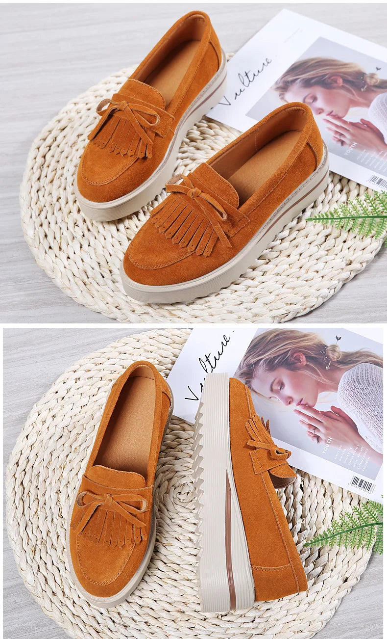 WOIZGIC, zapatos de piel de ante vacuno para mujer, zapatos planos con plataforma y flecos antideslizantes para otoño, zapatos vulcanizados Nowknot