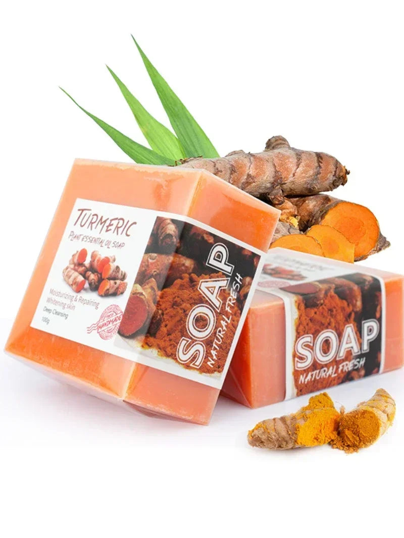 Jabón de cúrcuma de 100g con leche de cabra y proteínas de seda, jabón de Aloe, jengibre, sal marina Natural, aceite esencial, jabón de limón