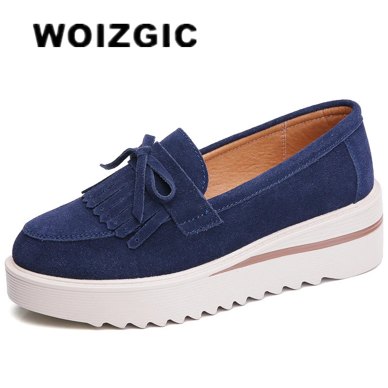 WOIZGIC, zapatos de piel de ante vacuno para mujer, zapatos planos con plataforma y flecos antideslizantes para otoño, zapatos vulcanizados Nowknot