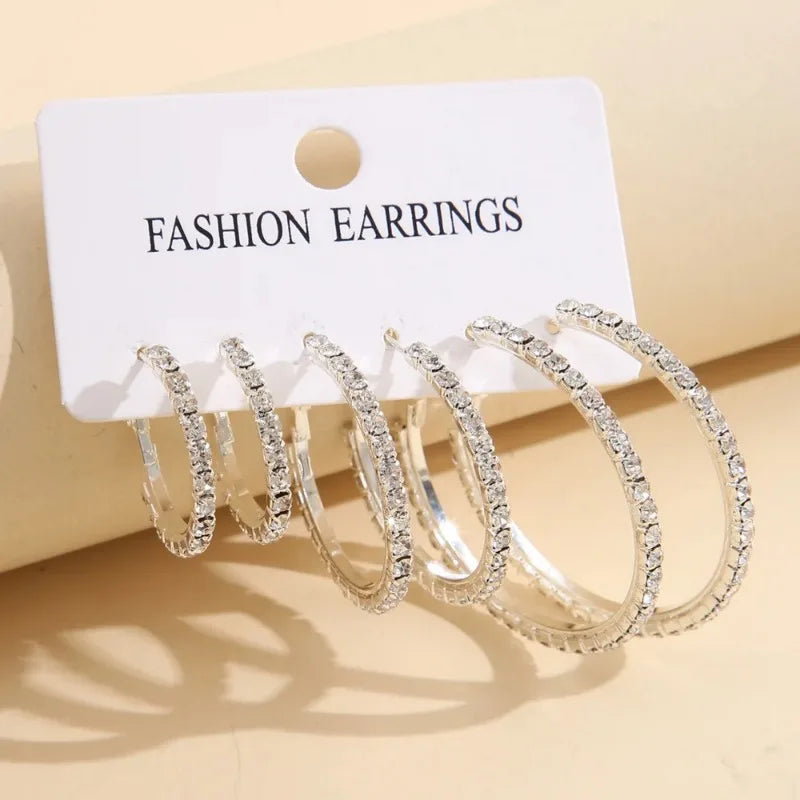 Juego de 1-3 pares de pendientes de aro circulares con diamantes de imitación exagerados y brillantes para mujer, joyería Simple y brillante