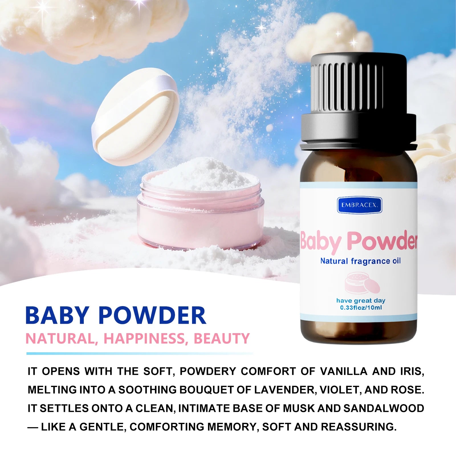 Aceite esencial en polvo para bebé, aceite aromático de larga duración, aceite de masaje para el cuidado corporal con aroma dulce cálido, regalo para amigos, 10ml
