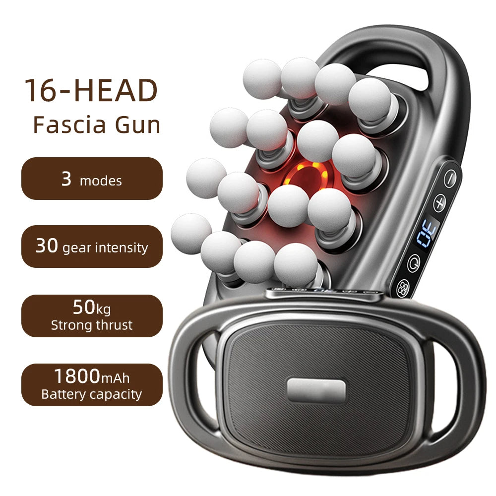 Pistola de Fascia de 16 cabezales, pistola de masaje corporal con vibración de alta frecuencia, masajeador de espalda y cintura, masajeador de cuello y hombros, masajeador muscular
