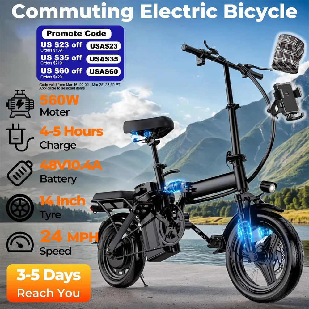 Bicicletas eléctricas para adultos de 560W, 24MPH, batería extraíble de 48V10.4AH, bicicleta eléctrica plegable de 14 pulgadas, bicicleta eléctrica con absorción de impactos múltiple