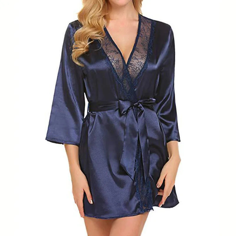 Bata de satén de encaje Sexy para mujer, ropa de dormir, camisón corto, Kimono, albornoz, lencería, camisón, vestido suave y cómodo negro de talla grande